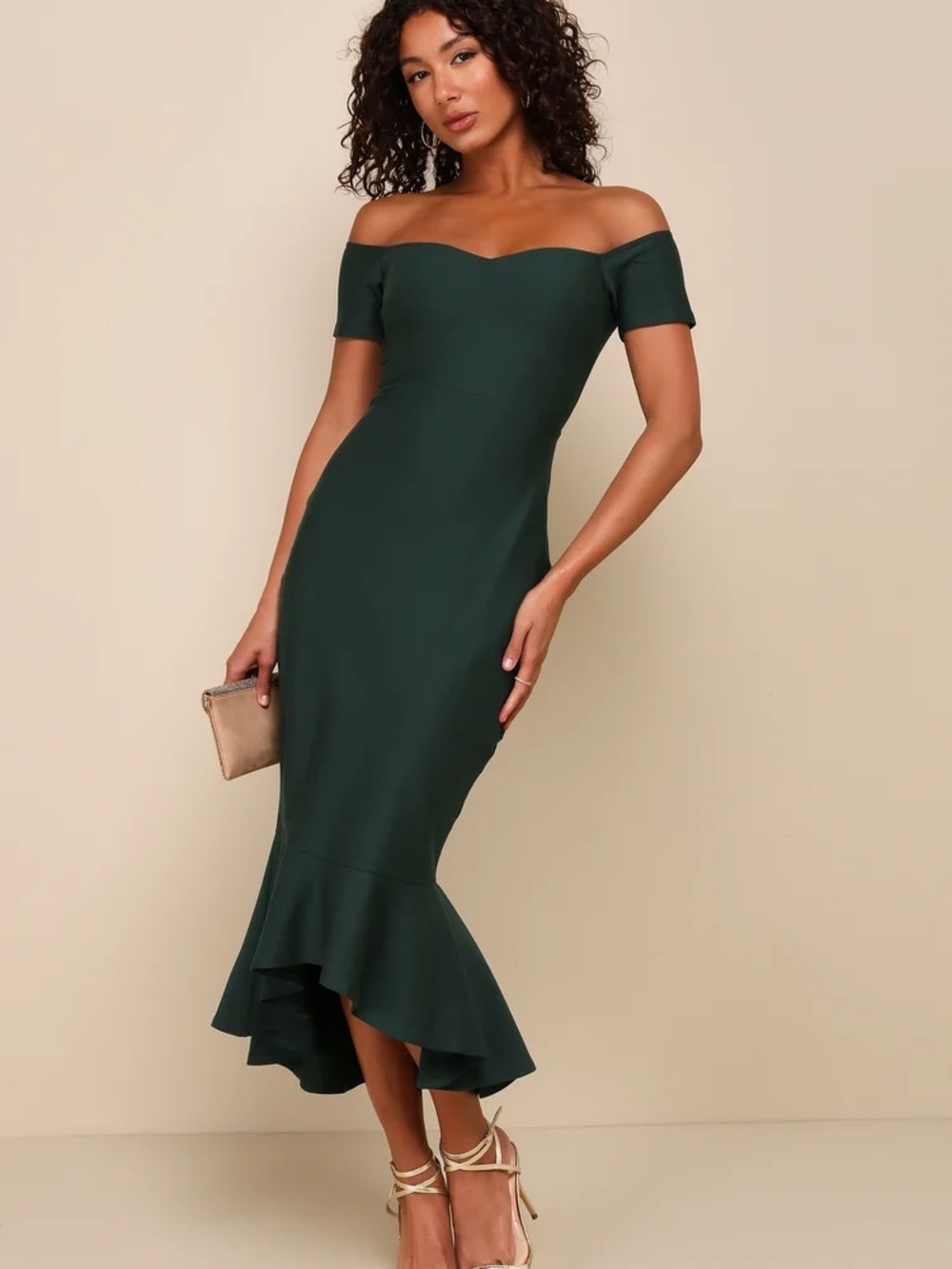 Lulu’s Off-Shoulder Dark Green Mermaid Midi Dress | Size M NWT